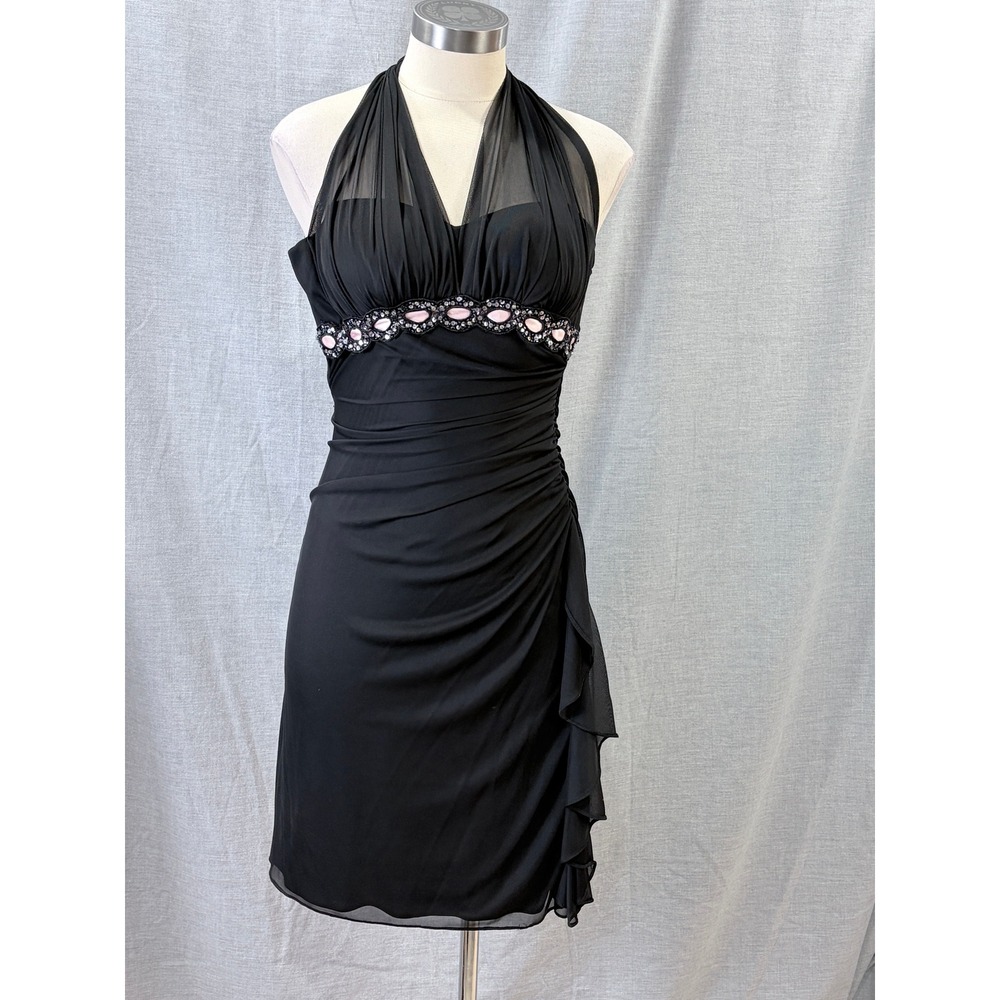 Cache Black One-Shoulder Halter Dress with Pink Gem Accents
